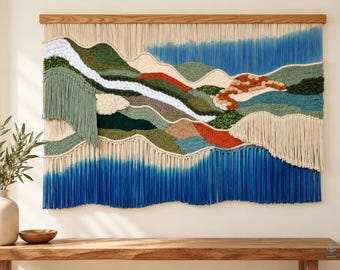 Nature Inspired Woven Wall Hanging, Blue Green Landscape Fiber Art, Large Textured Tapestry