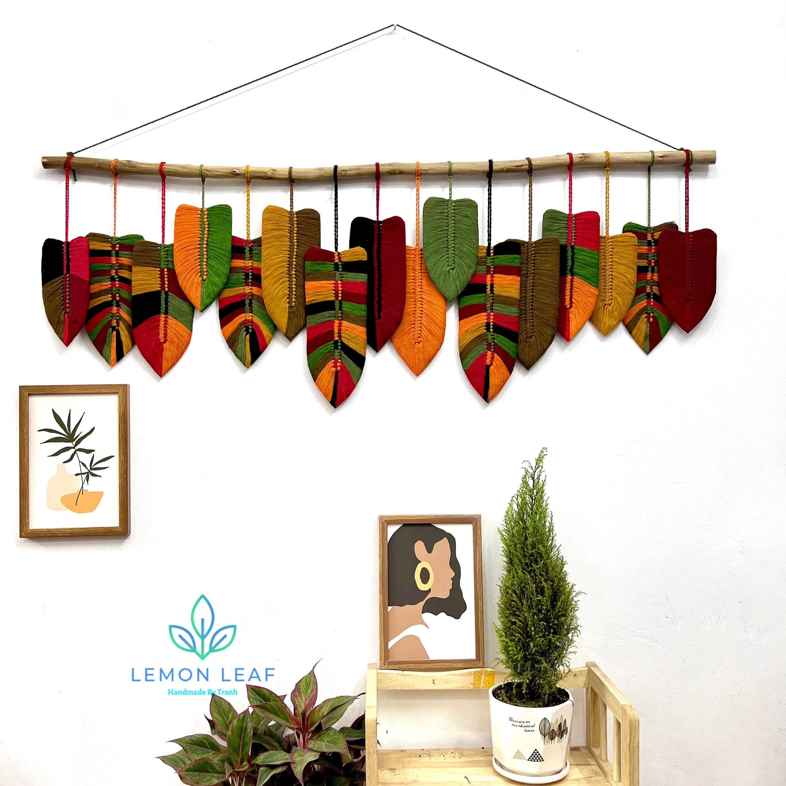 Large Wall Hanging Macrame Feathers Colorful Macrame Leaves Etsy