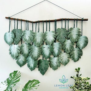 Green Macrame Monstera Leaf Wall Hanging: Large Boho Wall Art