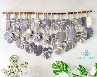 Large Gray Macrame Monstera Leaf Wall Hanging: Boho Tapestry