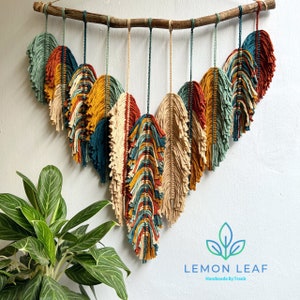 Feuilles rustiques faites main accrochées au mur, tenture murale en plumes de macramé, cadeau pour maman, décoration de la maison, décoration de chambre d'enfant, mur en macramé