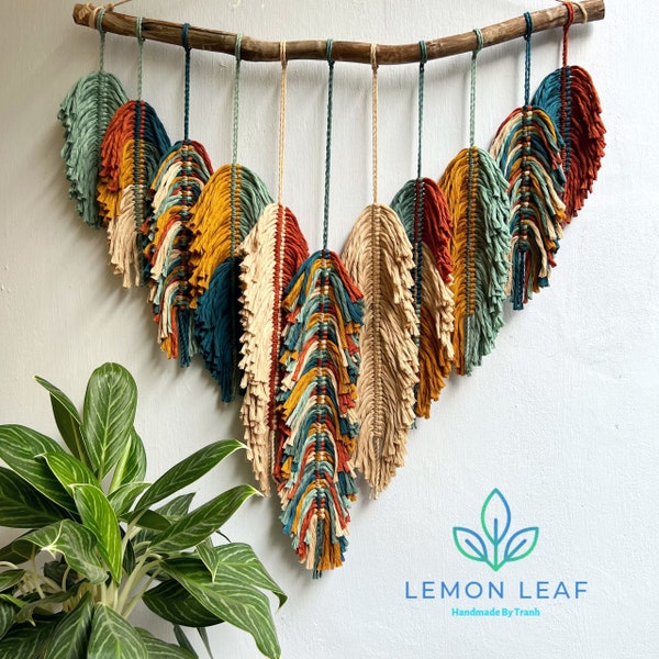 Rustic handmade leaves hanging on the wall, macrame feather wall hanging, gift for mom, home decoration, nursery decoration, macrame wall