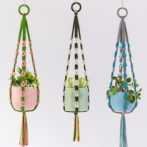 Może przedstawiać: Trzy makramowe wieszaki na rośliny z różnokolorowymi sznurkami i frędzlami. Wieszaki trzymają małe rośliny doniczkowe. Wieszaki wiszą na drewnianym gałęzi.
