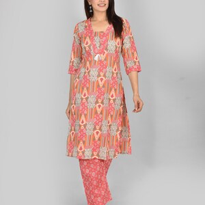 Handmade Coral Orange Floral Tunic and Trouser Set, 60x60 Premium Cotton Peach 2-Piece Co-ord, Mandarin Collar Straight Fit Set,