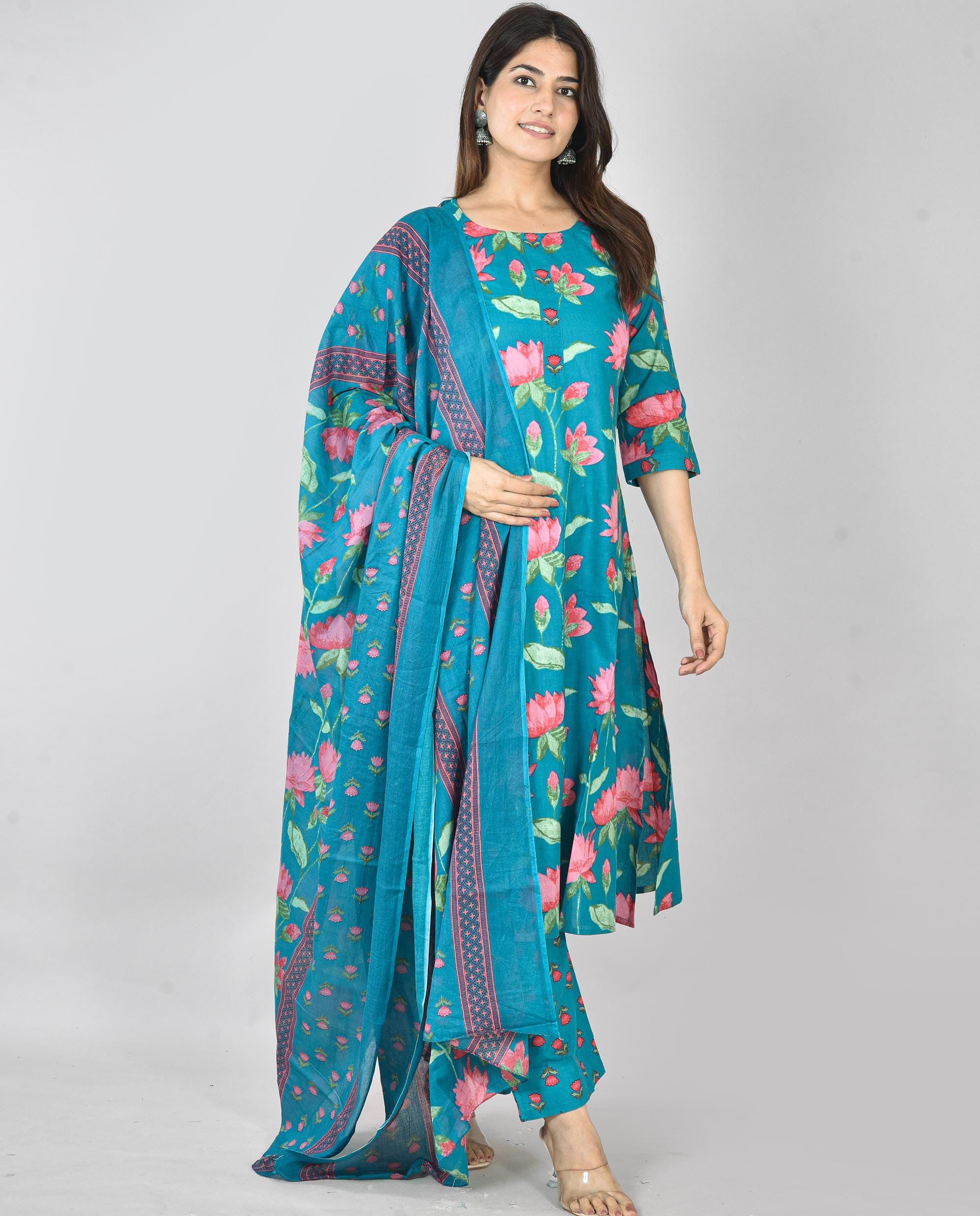 Handmade Sky Blue Floral Tunic Set of 3 With Scarf, Premium Soft Cotton ...
