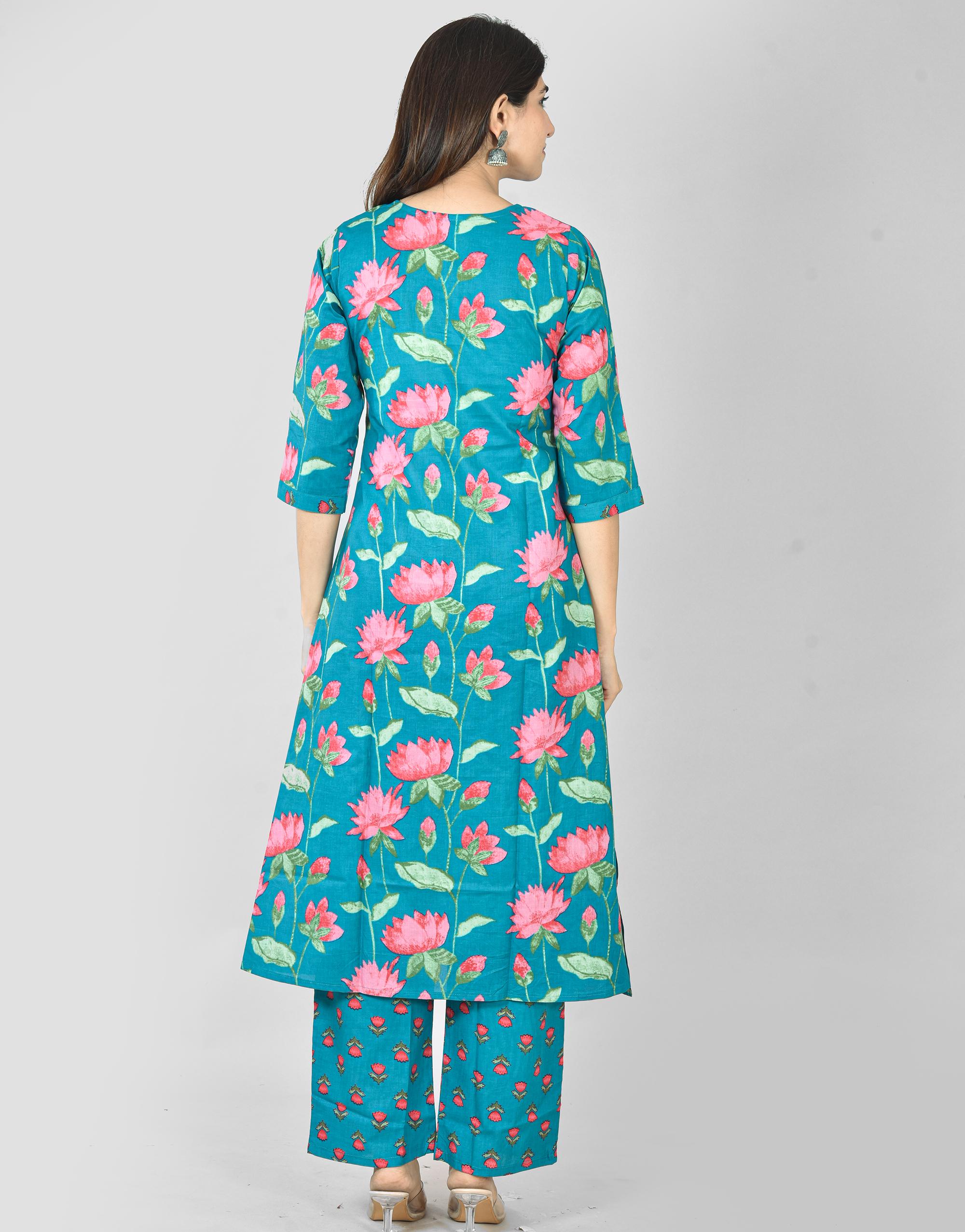 Handmade Sky Blue Floral Tunic Set of 3 With Scarf, Premium Soft Cotton ...
