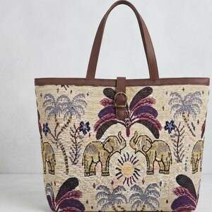 Bolso tote de tapiz de elefante estilo boho, bolso de hombro tejido étnico indio, bolso de mano con estampado de palmeras tropicales, bolso grande para el trabajo diario, regalo artesanal único