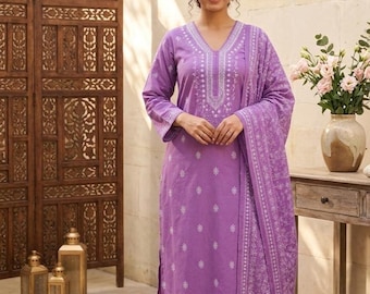 Conjunto de Kurta Chikankari morado, Kurti Lucknowi de algodón bordado a mano con pantalones y dupatta, Salwar Kameez de fiesta étnica india