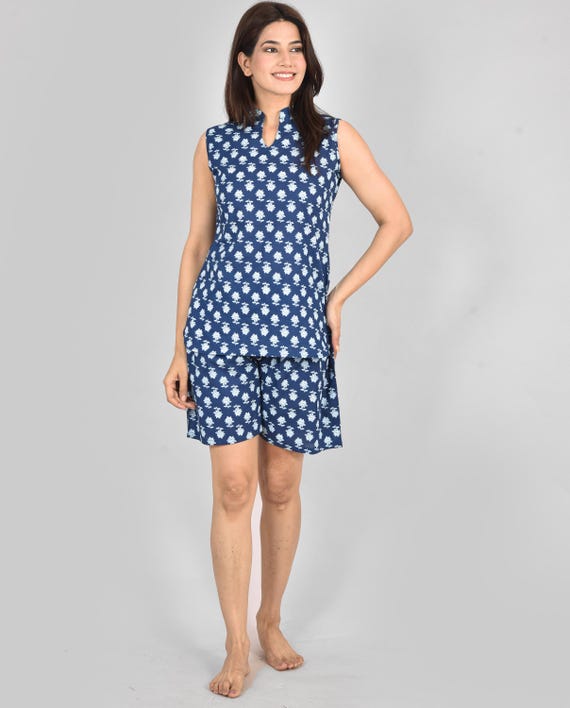 Navy Blue Floral Cotton Co-ord Set, Sleeveless Kurti and Shorts, Summer Bohemian Lounge Set, Ethnic Print Short Set, Beachwear for Women