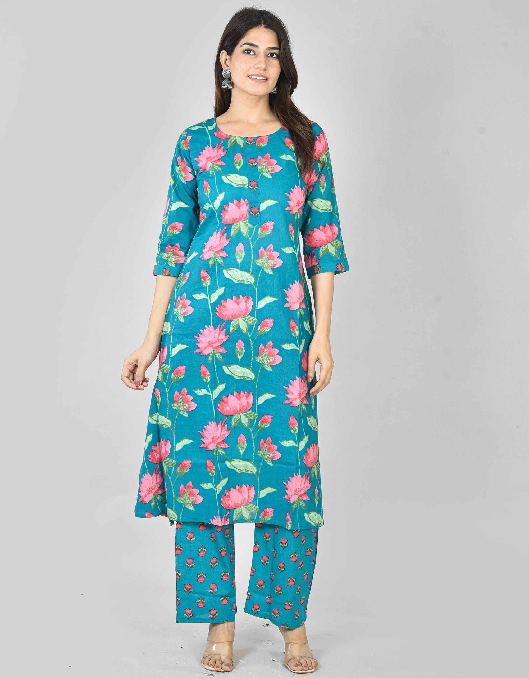 Handmade Sky Blue Floral Tunic Set of 3 With Scarf, Premium Soft Cotton ...