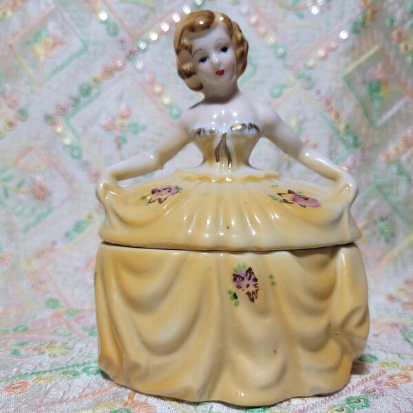 Vintage crinoline lady trinket box retro kitsch 1950s 1970s yellow dress porcelain dressing table ornament figurine