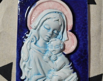 Vintage Mary and Jesus child tile plaque 1960s 1970s Catholic retro kitsch Italian Italy religious Wall hanging blue pink white