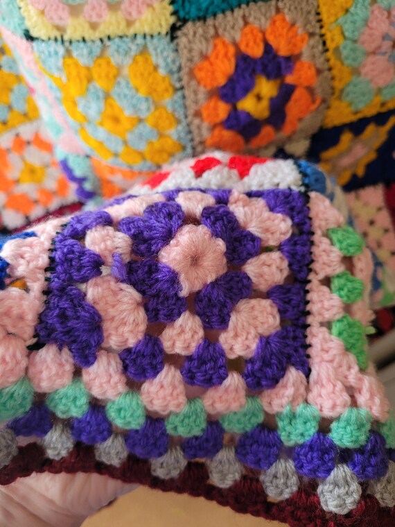 Vintage Crochet Granny Square Blanket Wool Handmade Retro Kitsch