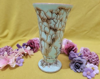 Handpainted delft signed pottery ceramic  eggshell blue gold vase, vintage 1960s, decor, ornament