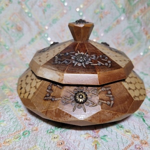 Vintage art deco handcarved wooden trinket box french 1930s brass  jewellery box MCM
