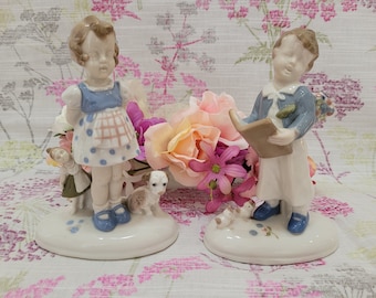 Vintage ceramic German porcelain boy and girl figurines, 1950s, handpainted, retro, ornaments, children, kitsch