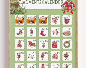 May include: A light green advent calendar poster titled ADVENTSKALENDER featuring a Christmas tree, a Grinch character in a Santa suit, and twenty-five numbered squares containing illustrations of holiday treats, gifts, and festive decorations.