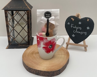 Red Poppy Mug: 11oz White Coffee Cup with Homemade Fudge Gift Set