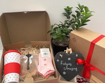 Handmade Fudge & Travel Mug Gift Set: Rose Socks, Valentine's Day Present