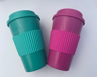 Wheat Straw Travel Mug 400ml Screw Lid Pink Or Green Design