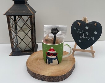 Christmas Penguin Mug: Green Holiday Scene, Optional Homemade Fudge