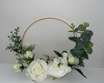 Handmade White Rose & Peony Hoop | Eucalyptus Accent, 25cm Bamboo | Wedding, Bridal, Bridesmaids, Flower Girls
