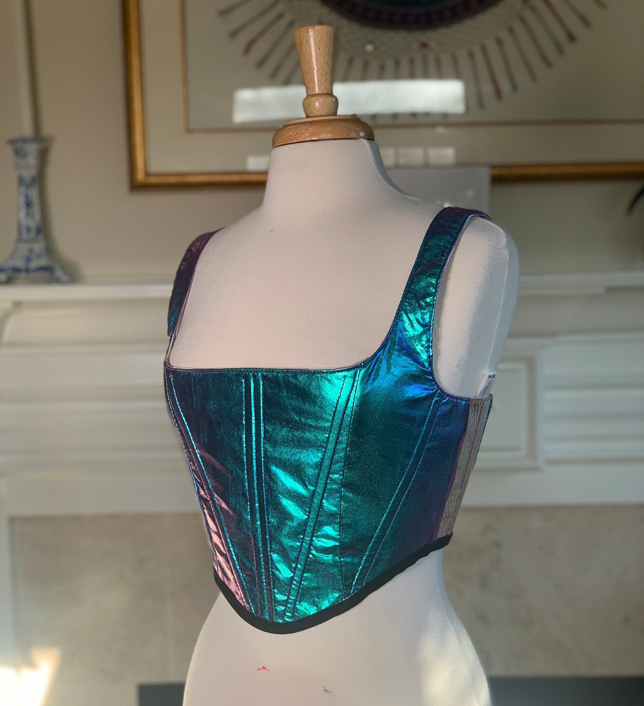 Silver Hologram Laser Futuristic Dance Corset With Large Bow