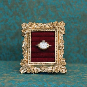 May include: A gold-toned ring featuring a small, white-faced analog watch with a metallic bezel. The ring is displayed within a rectangular, ornate gold frame that contains a deep red velvet insert with horizontal slots for jewelry storage.