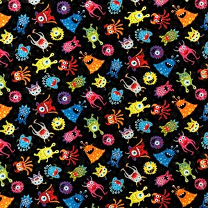 May include: A black background with a repeating pattern of colorful cartoon monsters. The monsters are in various shapes and sizes, with different features like eyes, teeth, and antennae. Some of the monsters are wearing hats or have other accessories.