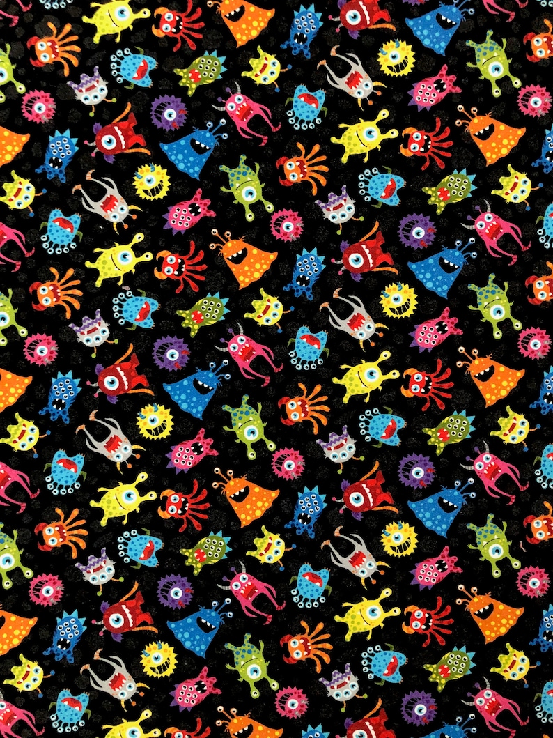 May include: A black background with a repeating pattern of colorful cartoon monsters. The monsters are in various shapes and sizes, with different features like eyes, teeth, and antennae. Some of the monsters are wearing hats or have other accessories.