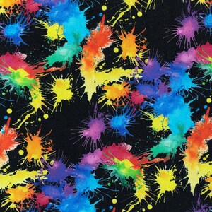 May include: A black background with colorful paint splatters in shades of yellow, orange, red, purple, blue, and green. The splatters are abstract and have a watercolor effect.