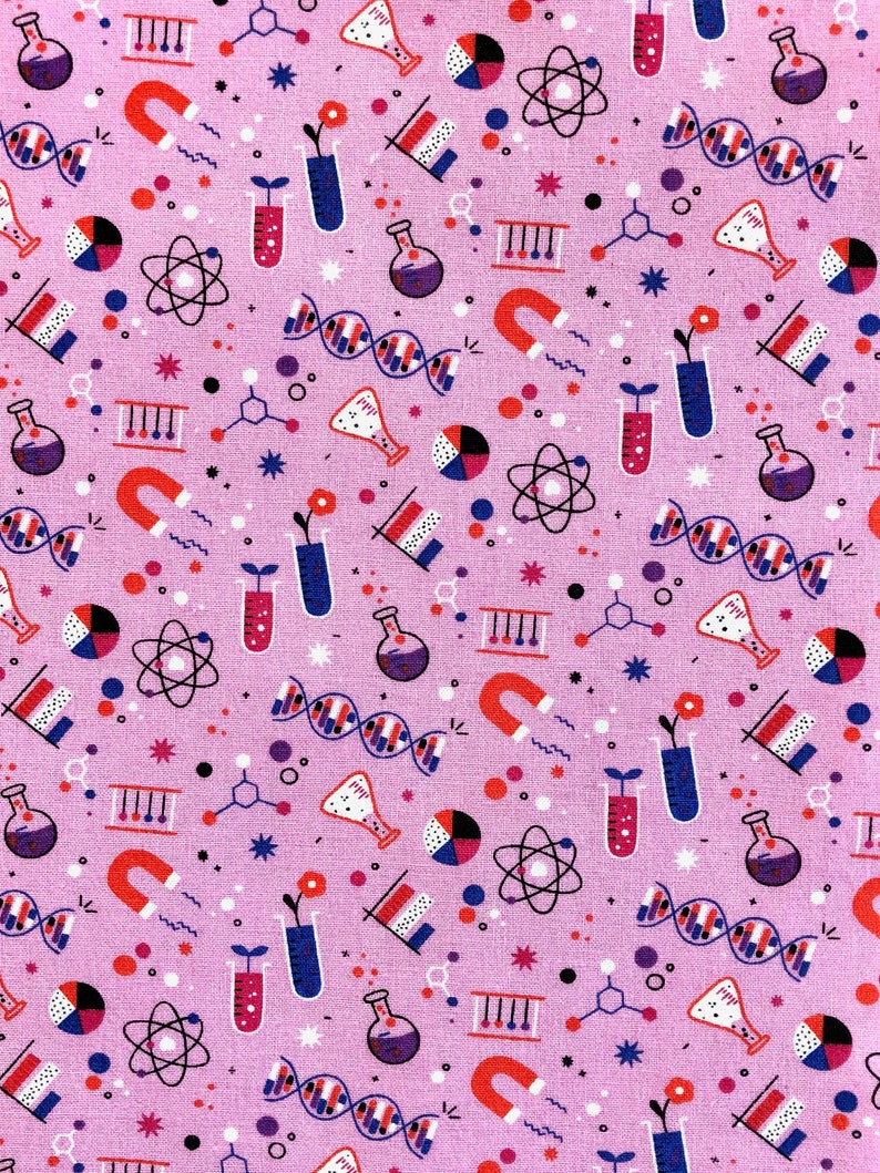 May include: A pink fabric with a repeating pattern of science-themed illustrations. The illustrations include beakers, test tubes, atoms, DNA strands, magnets, and other science symbols. The fabric is perfect for crafting projects, quilting, and other sewing projects.
