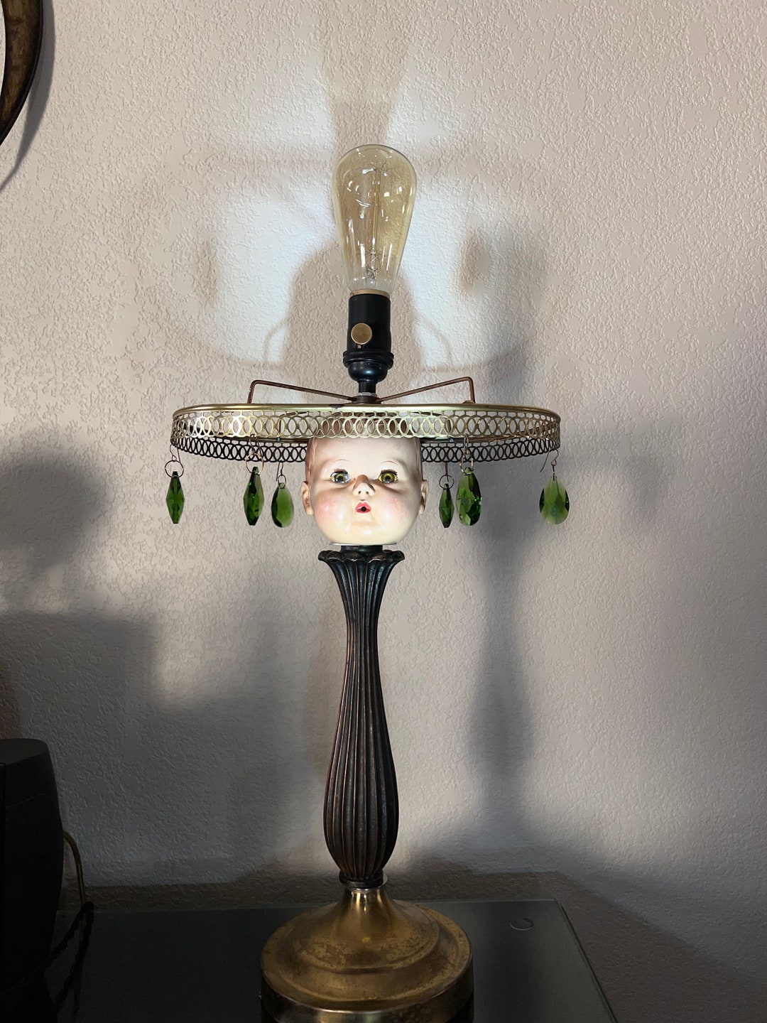 Metal Doll Head Lamp With Emerald Green Teardrop Glass Etsy