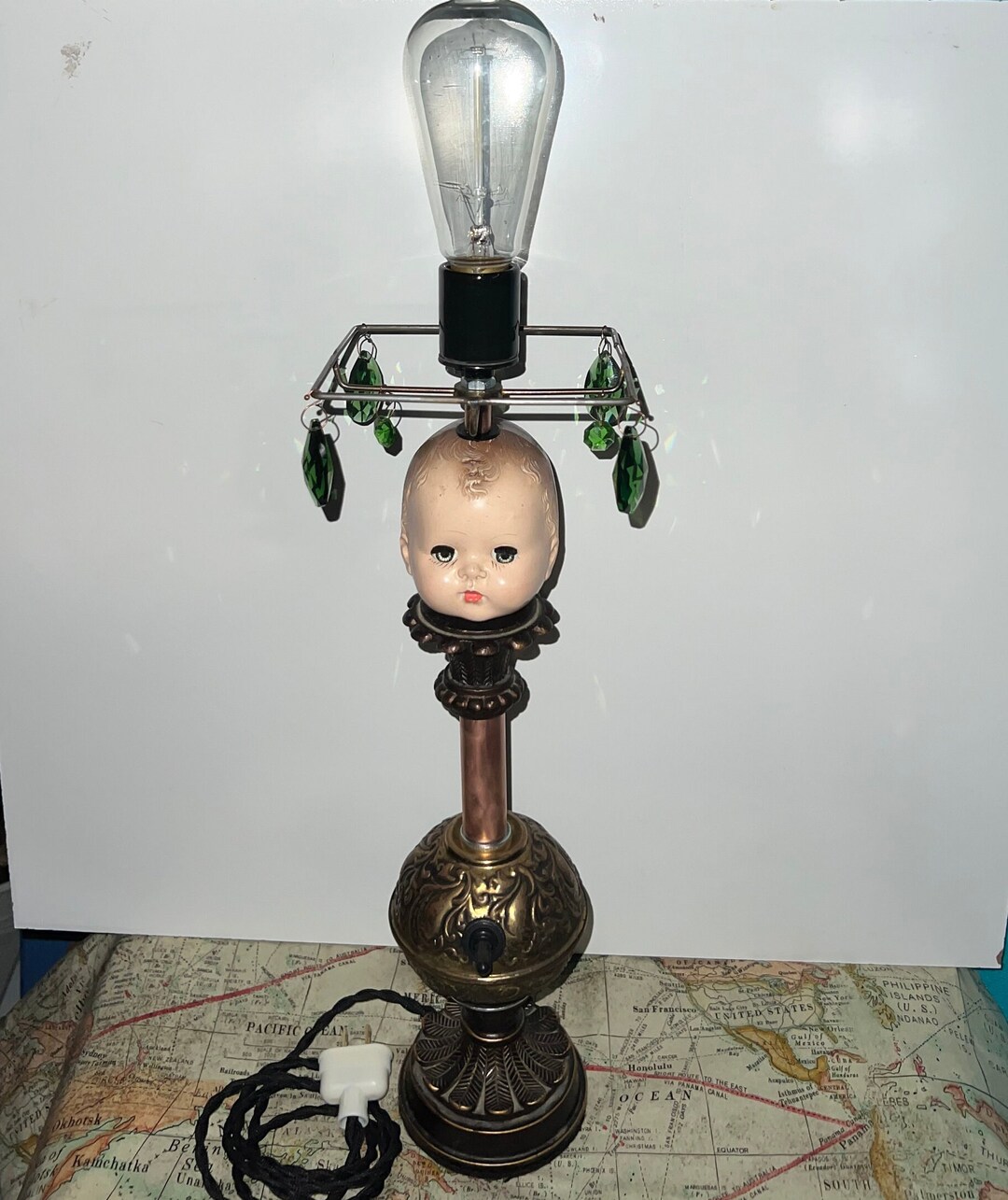 Doll Head Lamp With Hanging Emerald Green & Clear Glass Chandelier Etsy