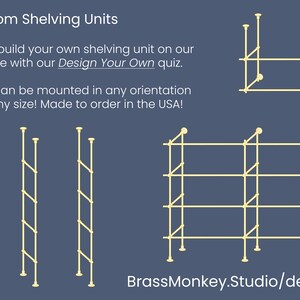 May include: A diagram showing different configurations for custom shelving units. The units are made of brass and can be mounted in any orientation. The text on the image reads "Custom Shelving Units" and "BrassMonkey.Studio/design".