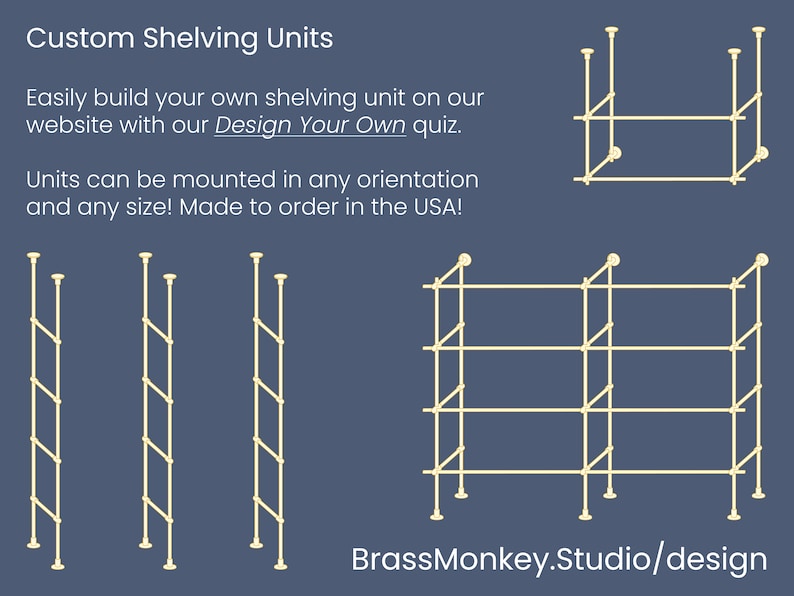 May include: A diagram showing different configurations for custom shelving units. The units are made of brass and can be mounted in any orientation. The text on the image reads "Custom Shelving Units" and "BrassMonkey.Studio/design".