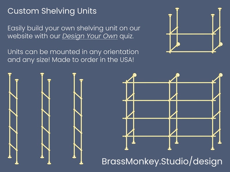 May include: A diagram showing different configurations for custom shelving units. The units are made of brass and can be mounted in any orientation. The text on the image reads "Custom Shelving Units" and "BrassMonkey.Studio/design".