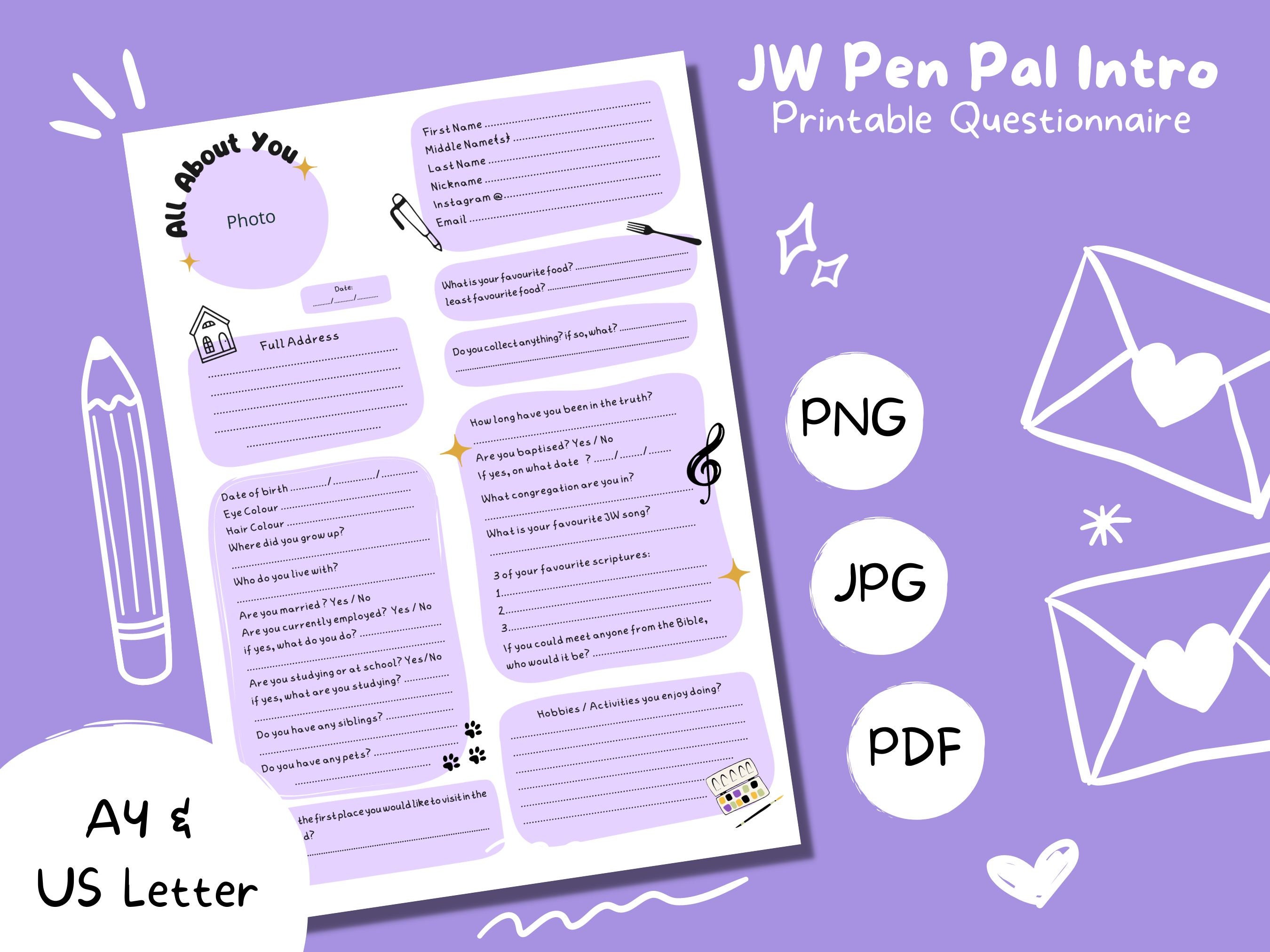 JW Edition Pen Pal Intro Questionnaire Printable Digital Instant ...