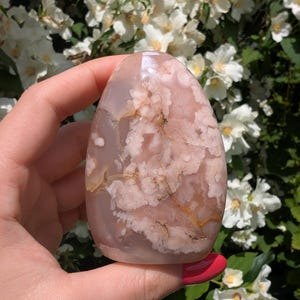 May include: A polished, egg-shaped flower agate stone featuring a translucent, pale pink base with opaque, white, cloud-like floral inclusions and subtle golden-brown mineral veins throughout the smooth, rounded surface of the crystal specimen.