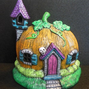 Halloween Village Pumpkin Fairy House - Ceramic Hand Painted with Acrylic