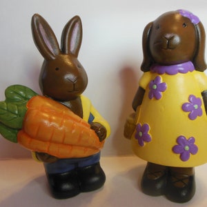 Brown Easter Bunny Pair Ceramic Hand Painted With Acrylic