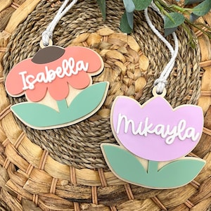 パーソナライズされたフラワーイースターバスケットネームタグ、アクリルカスタムイースターバッグタグ、イースターバニータグ、イースターフローラルネームタグ、カスタムイースターギフトタグ