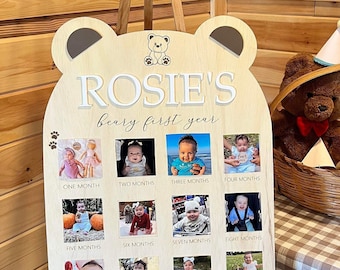 Bearys första födelsedagsmilstolptavla Månatlig milstolptavla Fototavla för födelsedagsfoton Ett års bebis Milstolptavla för Bearys första år