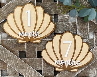 Wooden Seashell Baby Milestones, Interchangeable Milestone Card, Baby Photo Prop, Baby’s First Year, Baby Shower Gift for New Mom, Boho Baby