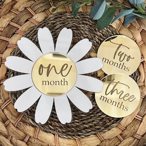 May include: Three gold-colored acrylic circles with rounded edges, each with a white daisy design and the words "one month", "two months", and "three months" written in black script. The circles are on a woven wicker surface.