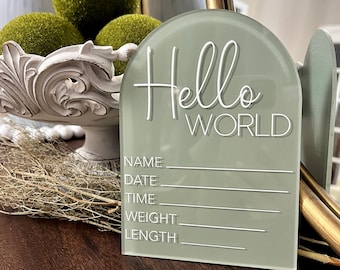 Hello World Baby Stat Sign, Acrylic Baby Birth Announcement, Hello World Sign, Newborn Photo Prop, Baby Shower Gift for New Mom, Baby Plaque