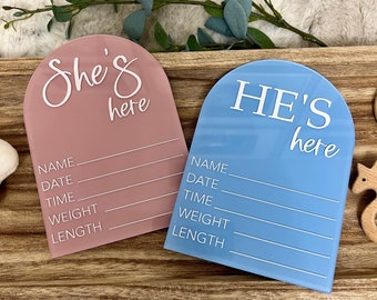 He's Here She's Here Baby Stat Sign Acrylic Baby Birth Announcement Hello World Sign, Newborn Photo Prop, Baby Shower Gift for New Mom