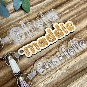 Acrylic Backpack Name Tag for Girls Personalized Floral Keychain Back to School Accessories Diaper Bag Tag Girls Custom Acrylic Keychain