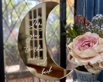 Décoration de gâteau lune dorée miroir : je vous aime jusqu'à la lune et dos