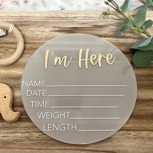 I'm Here Baby Stat Sign Acrylic Baby Birth Announcement Hello World Newborn Sign Baby Photo Prop Baby Shower Gift for New Mom image 2